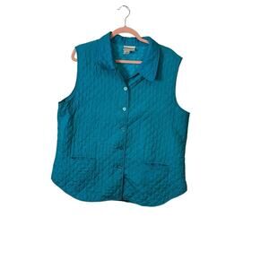 Coldwater Creek Women’s Quilted Vest Large Teal Full Button Up Pockets READ